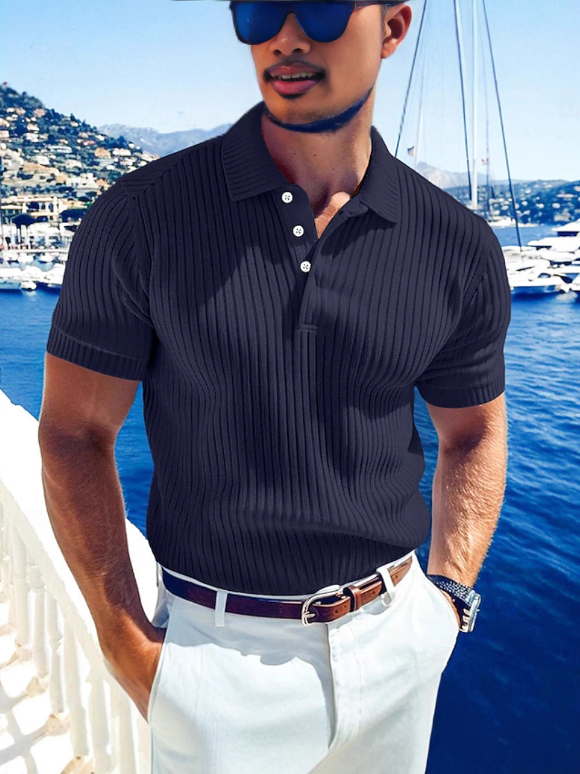 Polo de alto rendimiento para hombre – Tejido de punto transpirable con cuello en V y tapeta de botones (Corte ajustado, 7 colores)_voghion.com