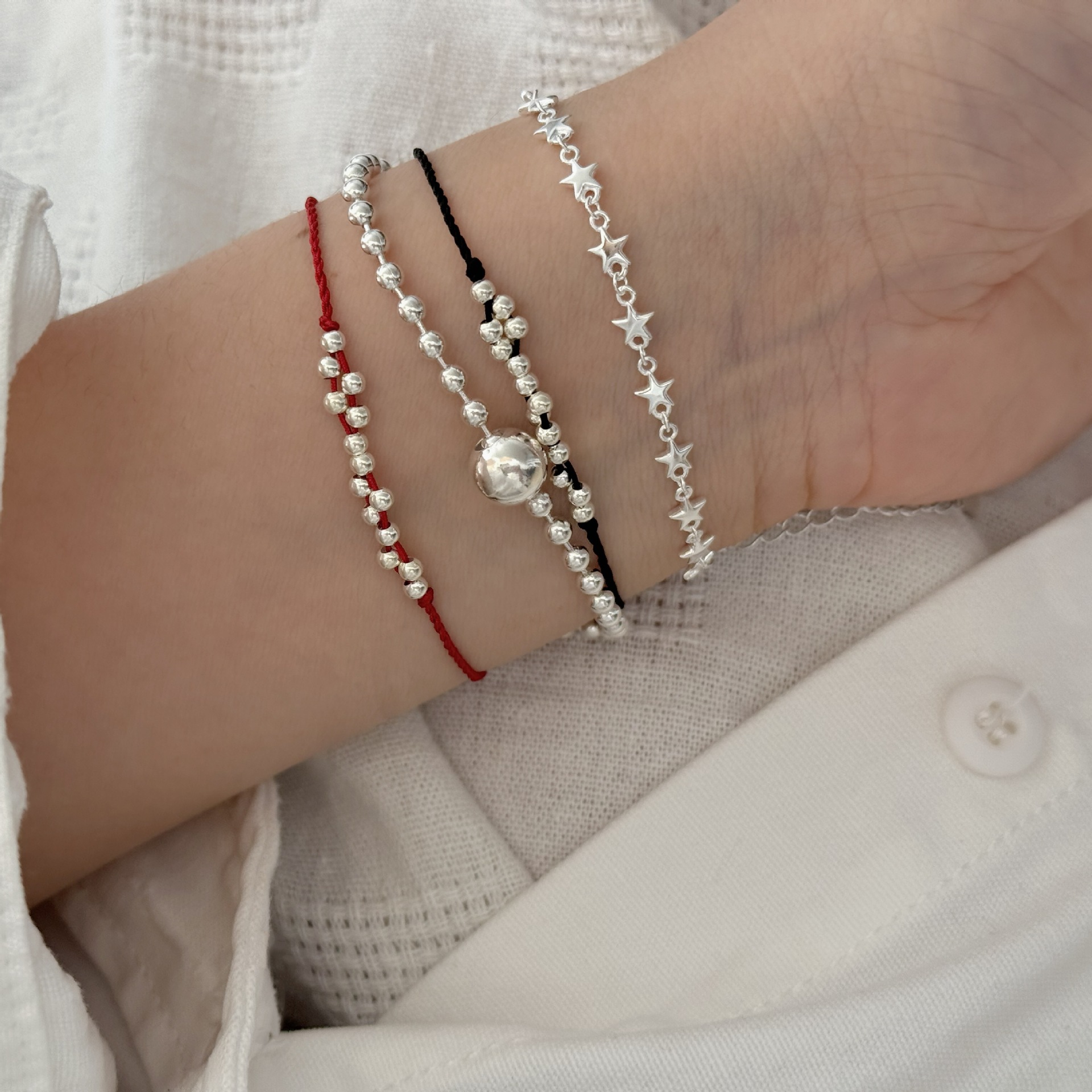S925 Silver Korean Version Niche Design Silver Beads Good Luck Red Rope Braided Bracelet Hand Rope Ins Style Black Rope