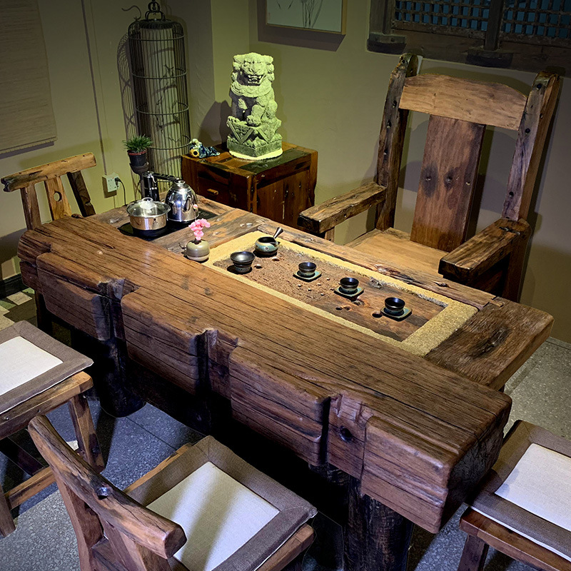 老船木茶桌椅组合实木功夫茶台户外茶艺桌老石槽流水泡茶台