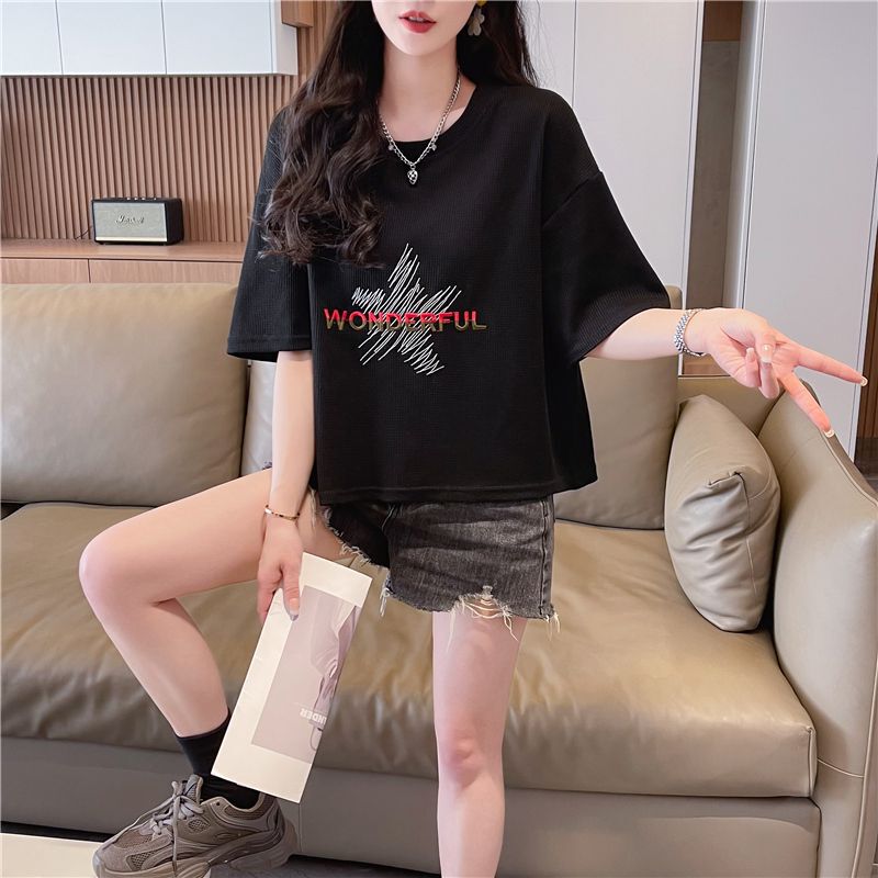 Cross-Border American Short T-Shirt for Women Petite Waffle Loose Letter Versatile Summer Thin Short-Sleeve Top for Women Cross-Border American Short T-Shirt for Women Petite Waffle Loose Letter Versatile Summer Thin Short-Sleeve Top for Women