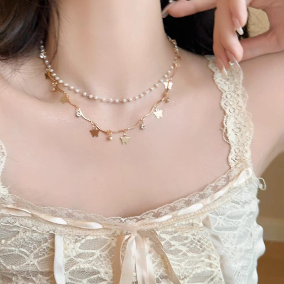 Tassel Butterfly Pearl Necklace Women's 2025 New Double Layer Stacked Wearing Necklace High-grade Niche Accessories Collarbone Chain