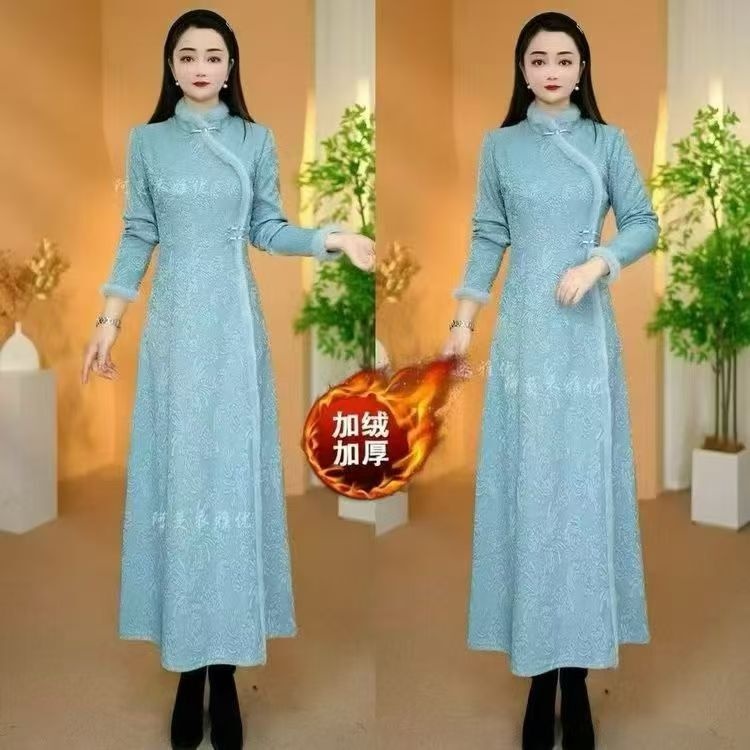 Dropshipping New Chinese-Style Young Fashion Blue Long-Sleeve Qipao 2025 Winter New Slim Fit Fleece-Lined Warm Clothing Dropshipping New Chinese-Style Young Fashion Blue Long-Sleeve Qipao 2025 Winter New Slim Fit Fleece-Lined Warm Clothing