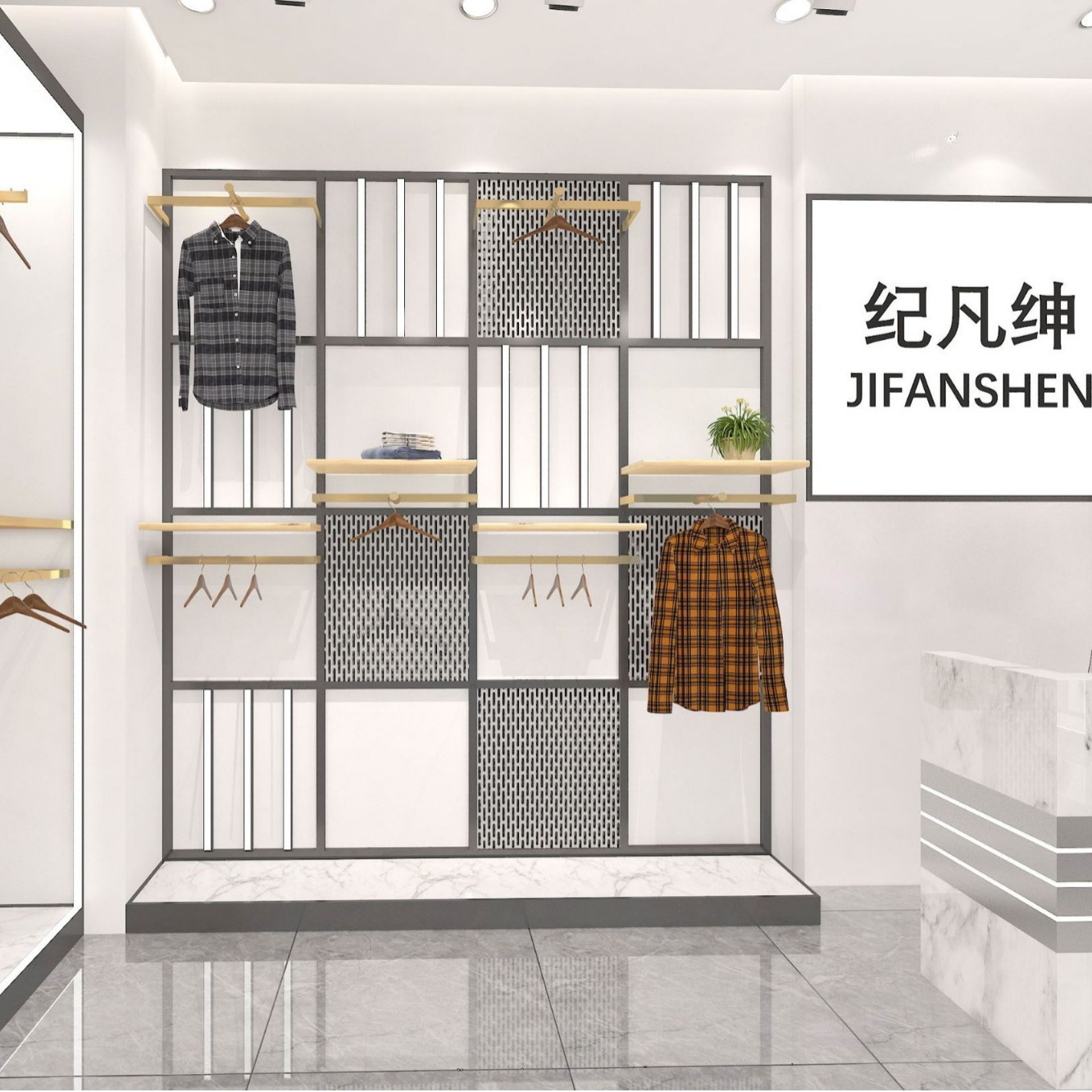 tienda de ropa de hombre estante de exhibición tienda de ropa de pared tipo piso con estante de exhibición de luces de negocios de estante de exhibición de productos de ropa de hombre