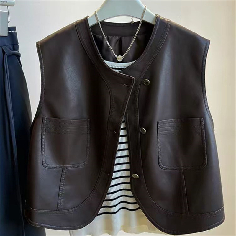 Pu Leather Vest for Women, Short Style, 2026 Autumn New Korean Style Sleeveless Vest, Brown Top