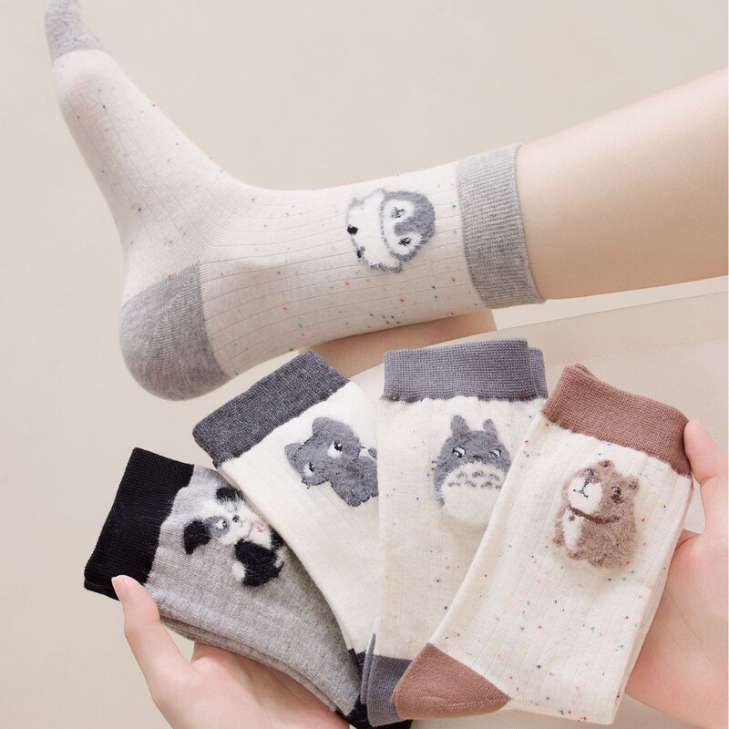 Cute Cartoon Animal Socks for Women Early Autumn Three-Dimensional Felt Flocked Little Milk Dog Panda Mid-Calf Socks Slouch Cotton Socks