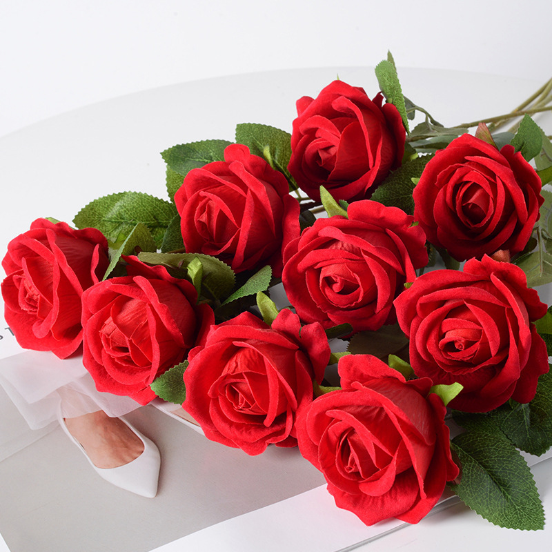 Simulation flannel rose flower fake flower wedding home Valentine's Day decoration feel artificial bouquet flower wall factory wholesale