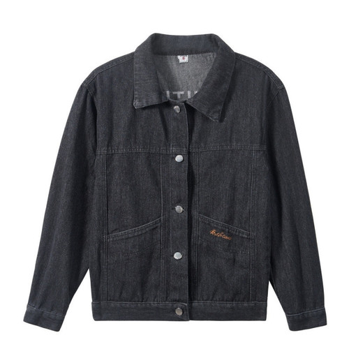 Black Korean-style loose short spring and autumn jacket with embroidery, slimming and versatile casual top