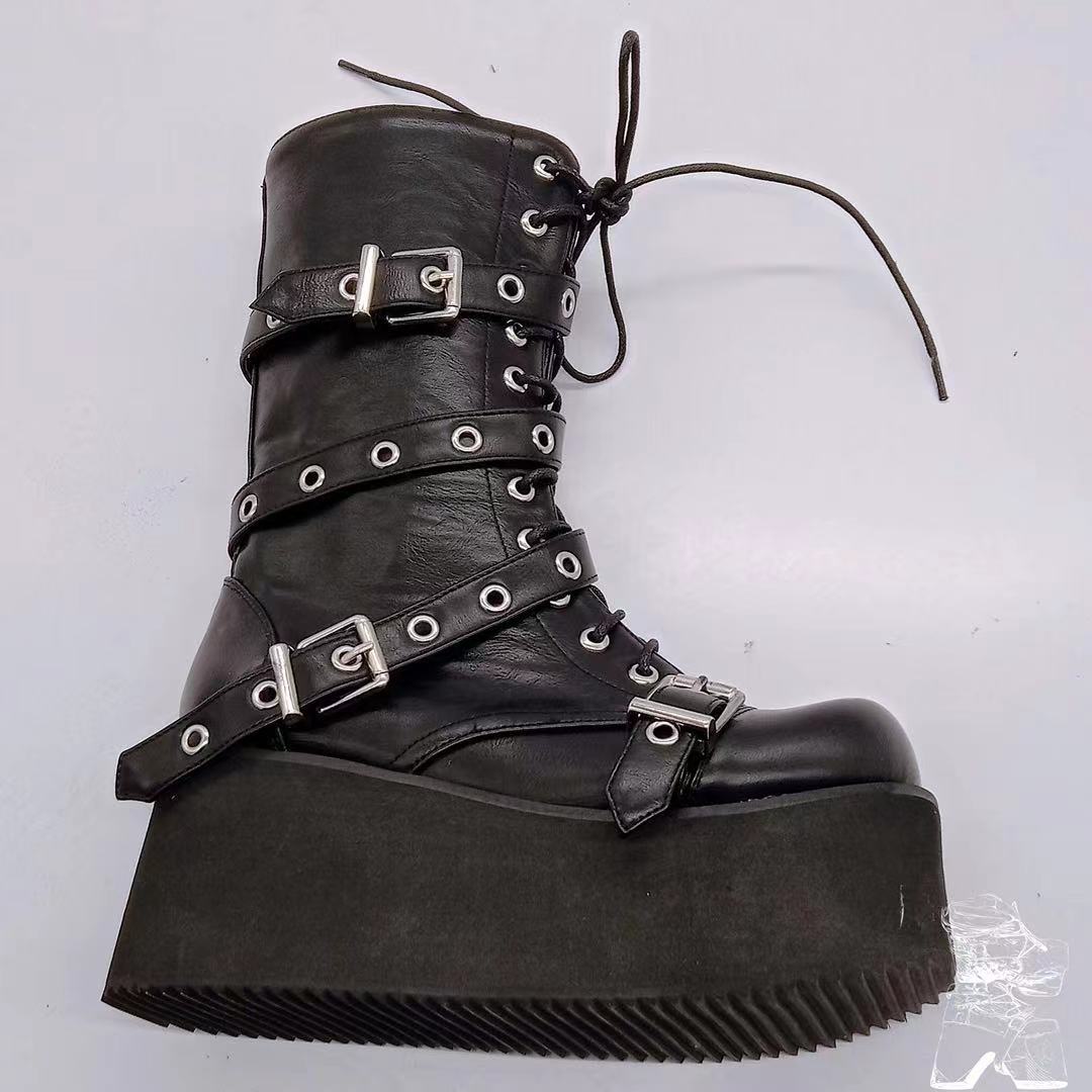Botas cortas con plataforma y tira lateral con hebilla de cinturón punk para mujer, talla grande 43, botas de talla grande para mujer_voghion.com