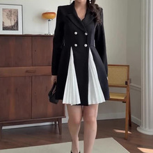 2025新款欧美亚马逊跨境外贸女装气质长袖黑白拼接压褶显瘦连衣裙