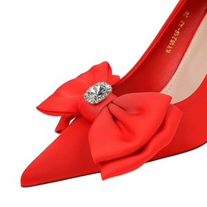 18249-AH33 Korean Banquet Women's Shoes High Heels Slim Heels Shallow Mouth Pointed Silk Bow Single Wedding Shoes