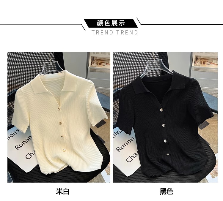 Áo thun dệt kim tay ngắn cổ polo nữ dáng ôm vừa vặn — Màu đen chi tiết 2