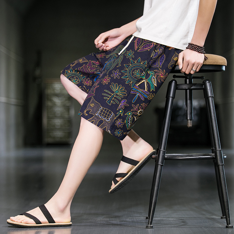 New Chinoiserie National Style Shorts Men's Summer Thin Trendy Casual Beach Pants Loose Straight Five-Point Printed Pants