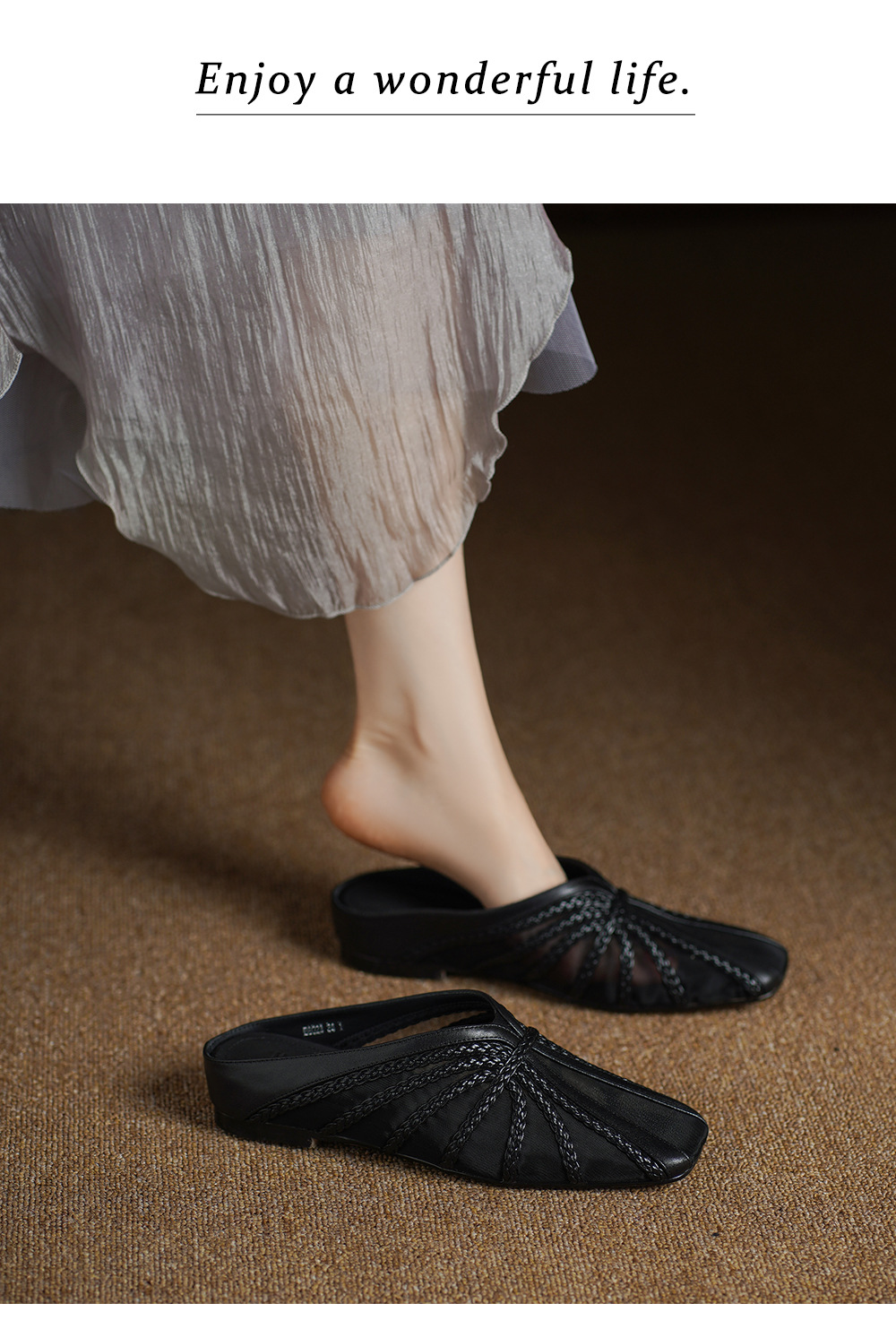 Dép sandal nữ mũi nhọn quai chữ V đế xuồng cao 7 cm, chất liệu lưới ren họa tiết hoa — đen chi tiết 7