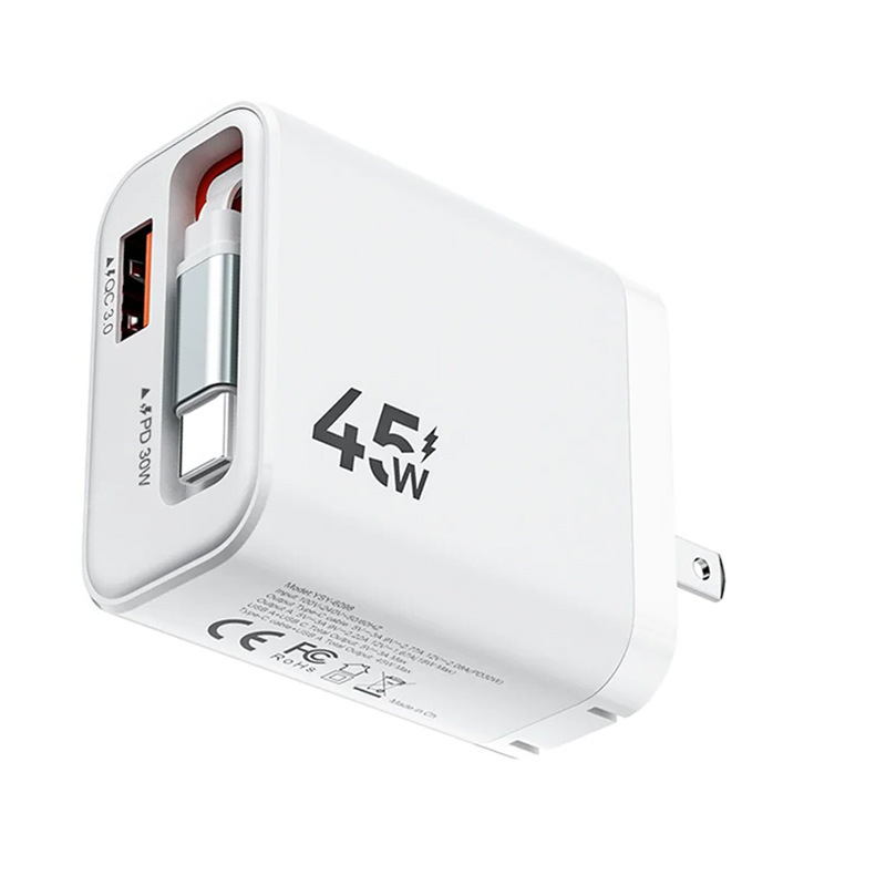 Pd45W Comes with a Built-In Cable Charger, Suitable for Fast Charging of Apple and Samsung Phones, with Foldable Pins, Compatible with Us, Eu, and Uk Standards