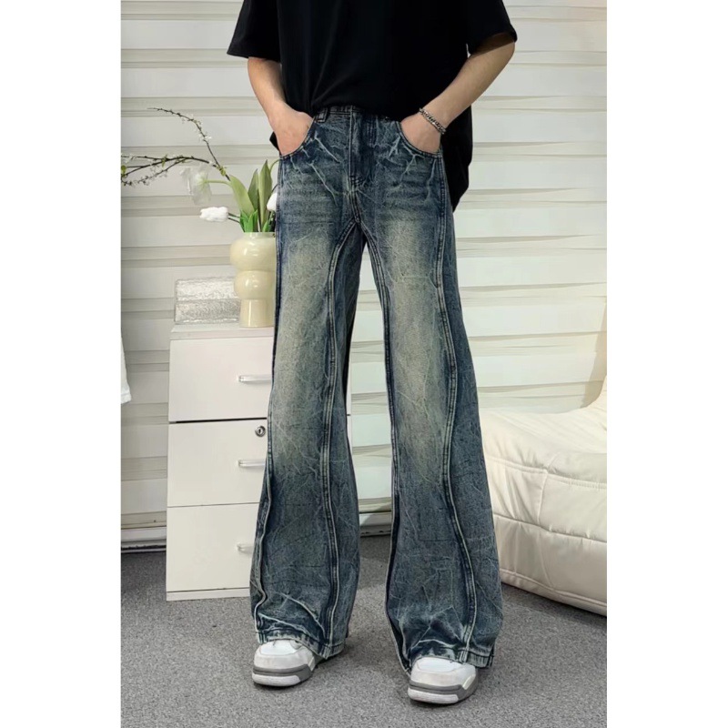 Amerikanische High Street Jeans mit geradem Bein und Lichtmuster und Micro-Pull-Wash-Spleißen-Design, vielseitig und stilvoll_voghion.com