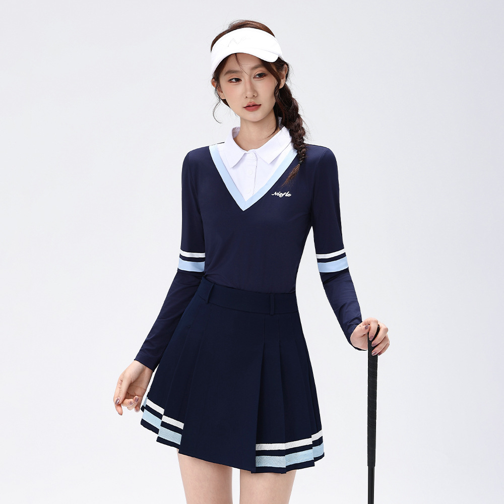 Women's Fake Two-Piece Polo Shirt, Breathable, Elastic, Slimming Design, Tennis Wear, Hot-Selling High-Quality Golf Set