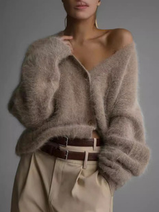 2024 new European and American cross-border sweater cardigan lazy loose autumn and winter long-sleeved V-neck jacket sweater women mink hair