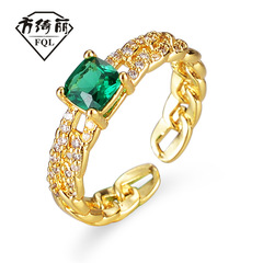 歐美輕奢流行方形祖母綠鋯石戒指 女訂婚指環 小眾設計高級感指環