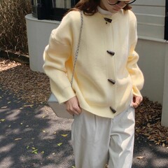 秋冬新款韩系宽松百搭针织外套黄色气质高级感牛角扣毛衣开衫女