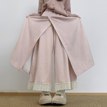 韩系减龄蕾丝拼接裙裤女秋冬休闲假两件阔腿裤高腰垂感慵懒直筒裤