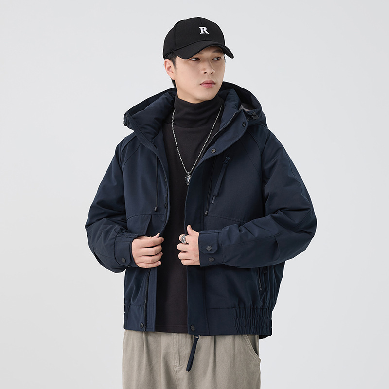 2025 invierno nuevo engrosado chaqueta encapuchada abrigo de marca de moda gran azul oscuro stock de algodón colgante