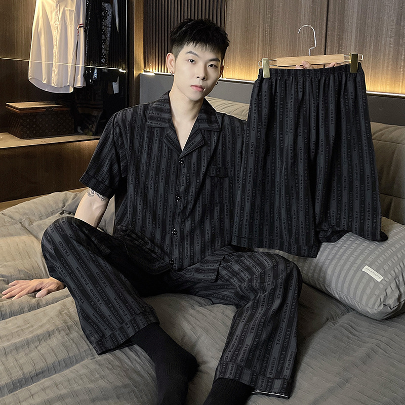 New Three-Piece Ice Silk Men's Pajamas Summer Short-Sleeved Thin Silk Trousers Loose Youth Home Suit
