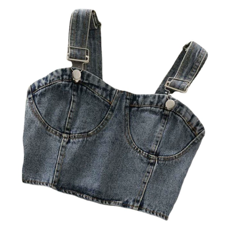 Летний короткий пупок для девочек Джинсовая маленькая спинка корейский стиль назад эластичный регулируемый плечевой ремень плиссированный ремешок жилет Мода