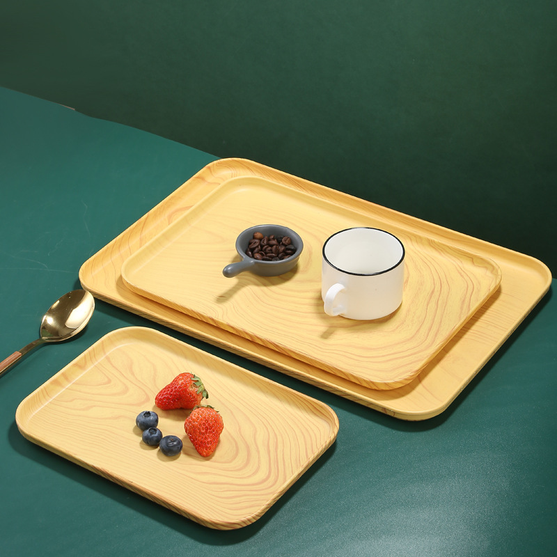 Popular Style Plastic Light Luxury Rectangular Tray Ins Style Imitation Wood Grain Household Tea Cup Wheat Plate Water Dish