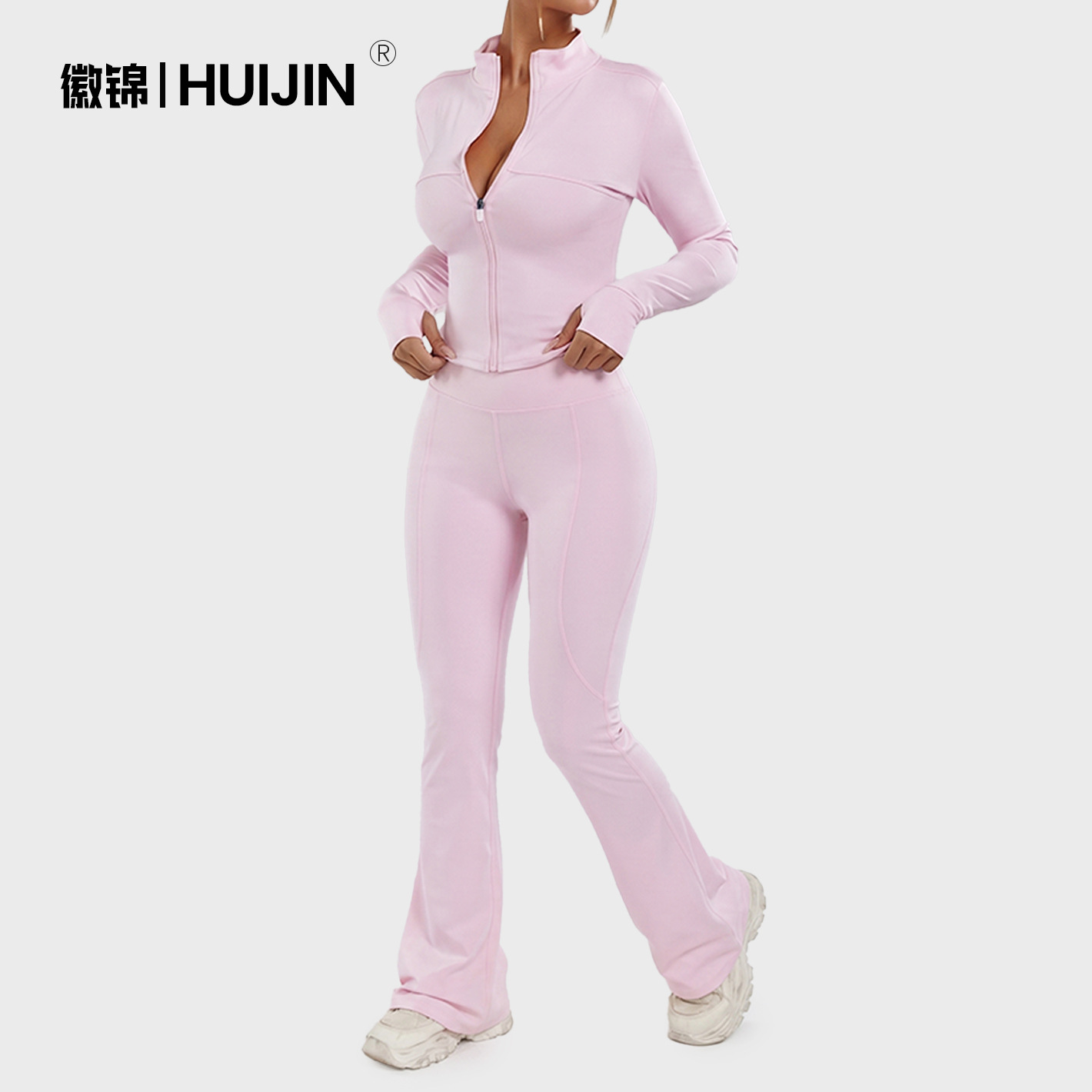 Cross-border bestseller quick-dry long-sleeve yoga outfit set, slimming and butt-lifting with side pockets, slightly flared, naked-feel Pilates set for women
