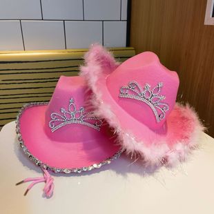 Cross-Border Pink Silver Feather Cowboy Hat for Women Non-Woven Crown Western Cowboy Hat Jazz Curly Brim Hat Hot Girl