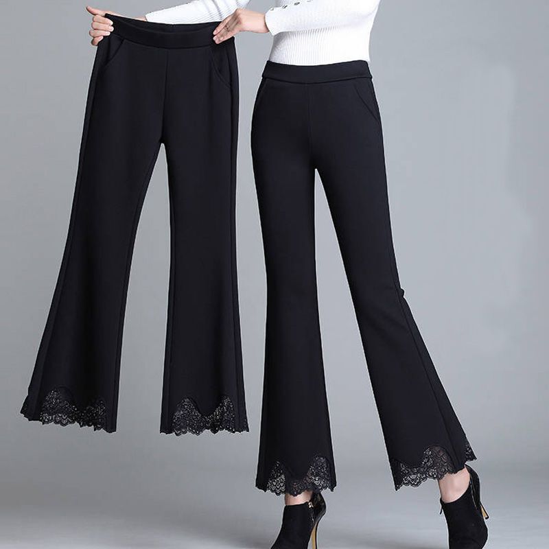 2026 New Women's Flared Pants with Lace Trim, Korean Style, Stretchy, Slimming, Black Cropped Pants for Moms 2026 New Women's Flared Pants with Lace Trim, Korean Style, Stretchy, Slimming, Black Cropped Pants for Moms