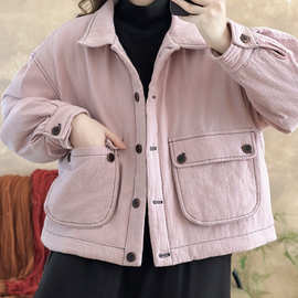 宽松大码加棉棉袄短外套女2025冬季新款宽松拼接口袋休闲保暖棉服