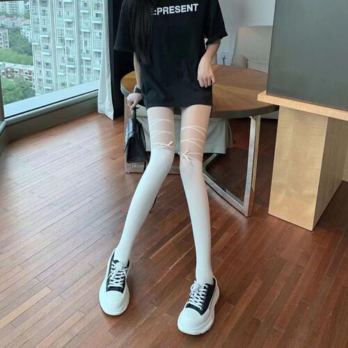 Japanese spring and autumn style bow spliced ​​stockings jK sweet hot girl socks women's rompers and high stockings