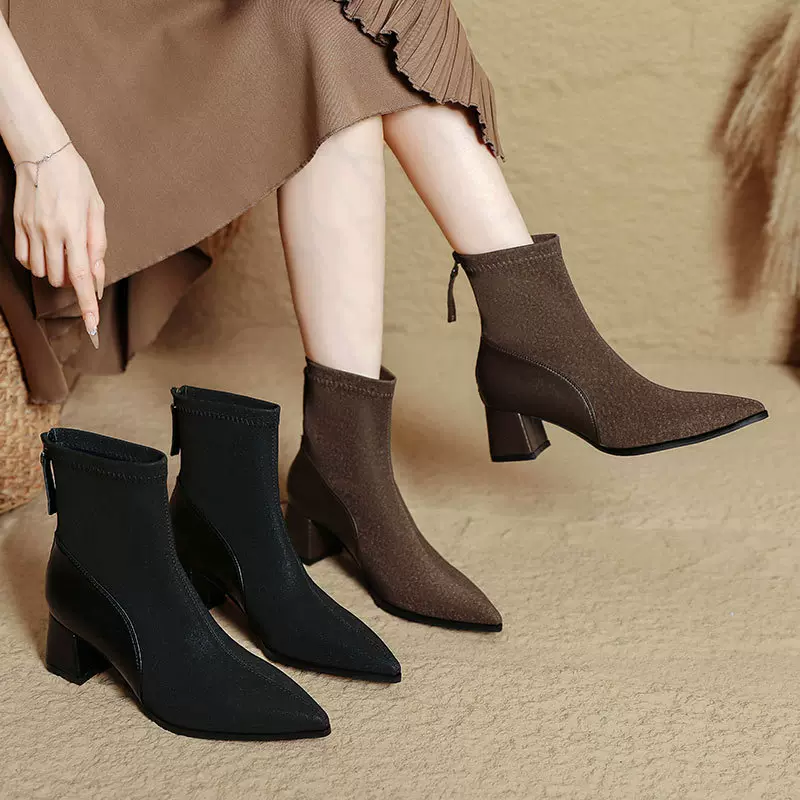 尖头短靴女粗跟2025年新款秋冬软皮高跟瘦瘦靴中筒靴子法式小短靴