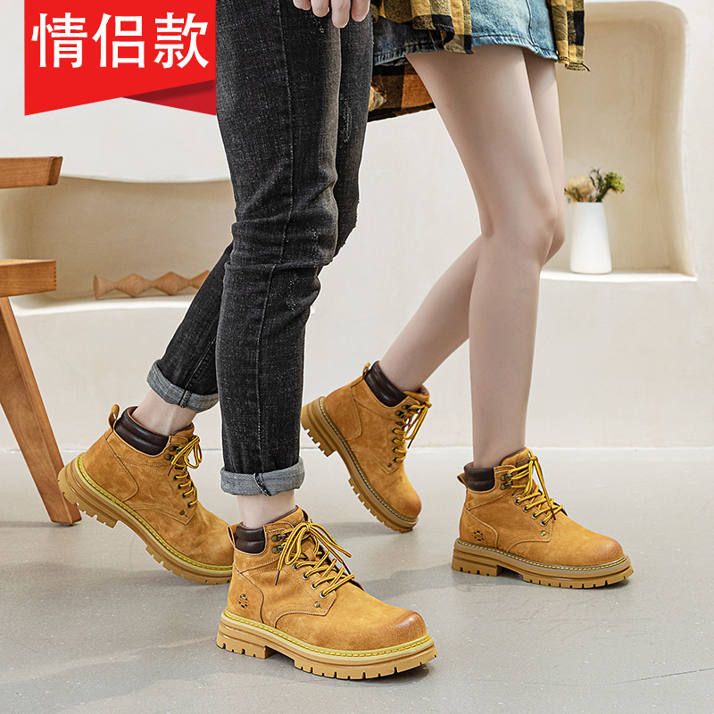 3008-2 European Retro Motorcycle Martin Boots for Women with Internal Height Increase, Thick-Soled Work Short Boots, Couple Style Yellow Boots for Men