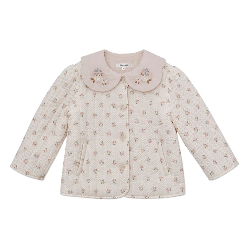 Spot LOU ropa de algodón estampada rosa invierno nuevo estilo niños pequeños y medianos algodón floral cuello redondo chaqueta acolchada para niños al por mayor