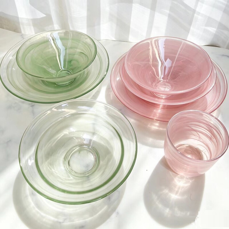 Elegant cloud-melon green minimalist glass straw hat bowl fruit plate salad oatmeal dessert yogurt breakfast utensils Elegant cloud-melon green minimalist glass straw hat bowl fruit plate salad oatmeal dessert yogurt breakfast utensils