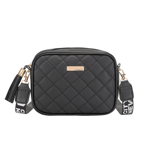 Korean-style fashionable women's embroidered honeycomb grid camera bag with printed shoulder strap crossbody bag with tassel mobile phone bag, stylish and versatile