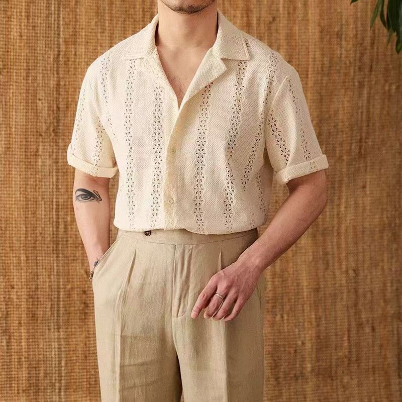 Men's Niche Hollow Lace Shirt T-shirt Foreign Trade Men's Mesh Perspective Night Club Style Sexy Short Sleeve Top for Men