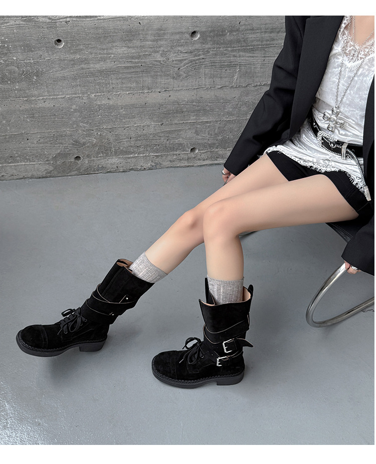 Boot cao bồi cổ trung bình da bò lộn phong cách retro, gót thấp khóa thắt lưng — đen, màu nâu sẫm, kaki chi tiết 28