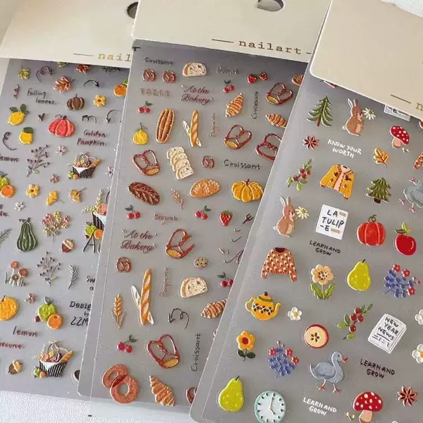 Embossed Nail Art Stickers Autumn Graffiti Cute Nails Rad Little Rabbit Picnic Fairy Tale Bread Flowers Adhesive Stickers