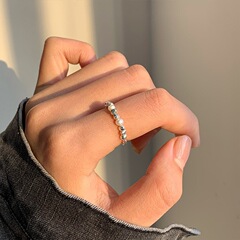 幾何不規則弧形戒指女手工串珠彈力S925銀碎銀指環ins網紅食指戒