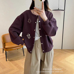 琪镌绘制秋季新款韩版休闲时尚女刺绣宽松圆领长袖卫衣开衫25137