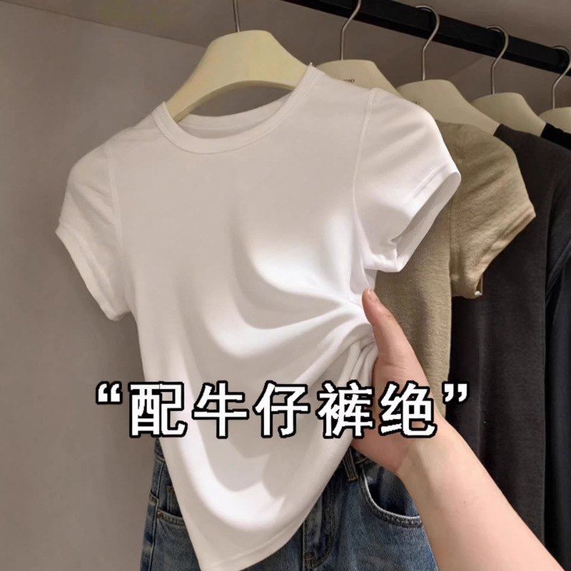 White Top Paired with Jeans, Early Spring and Summer Slim-Fit Regular Shoulder Base Layer Pure Cotton Short-Sleeve T-Shirt for Women