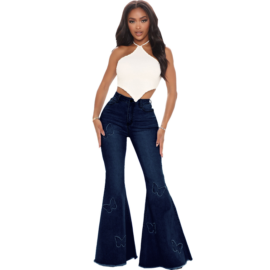 Butterfly Print Wide-Leg Stretch Jeans NSSF88980