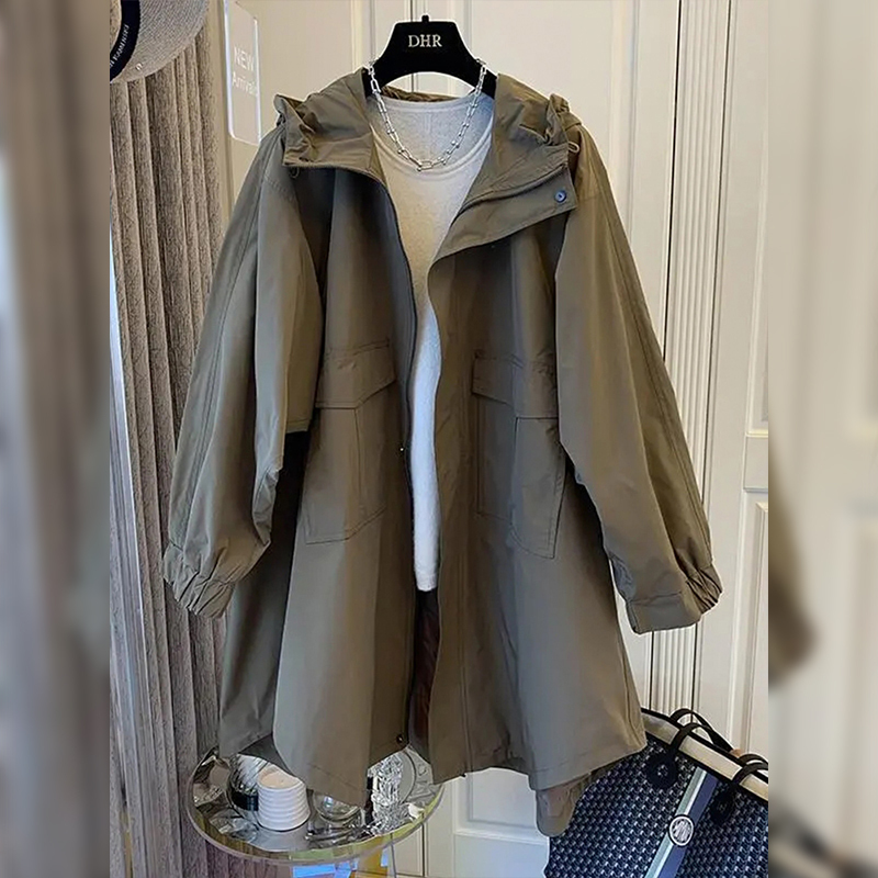 Designer Niche Japanese-Style Loose Casual Cocoon Double-Pocket Spliced Hooded Mid-Length Trench Coat for Women Spring and Autumn