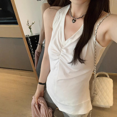 自家製〜女性の夏のアウターウェアのための白いベスト 2025 新しい V ネック T シャツホットガールプリーツスリムノースリーブトップ