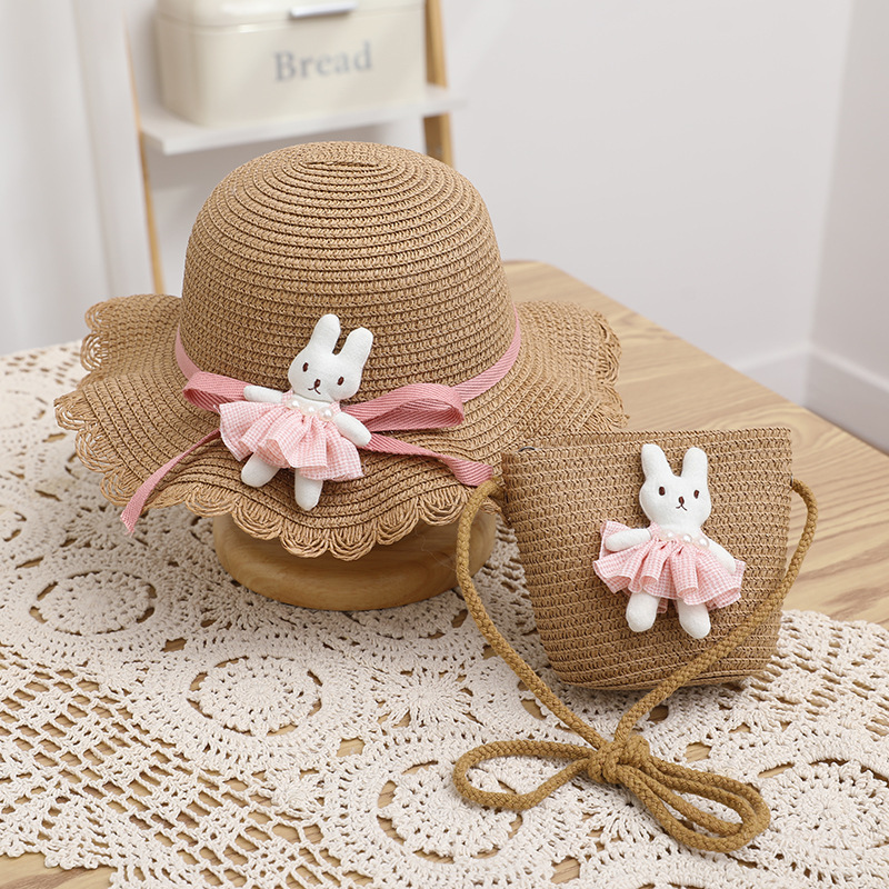 Cartoon decorative wavy edge straw hat-khaki