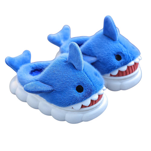 Children's Cotton Slippers Autumn and Winter Warmth Home Interior Anti-Slip Boy Cute Shark Baby Kids Fleece Lined Slippers
