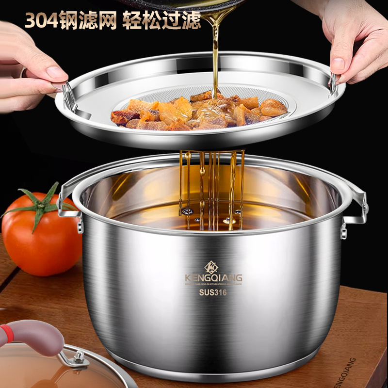 Tanque de aceite de cerdo de acero inoxidable Clang 316 con tapa Olla de escoria de aceite de filtro doméstico Tanque de condimento de cocina calefactable de gran capacidad